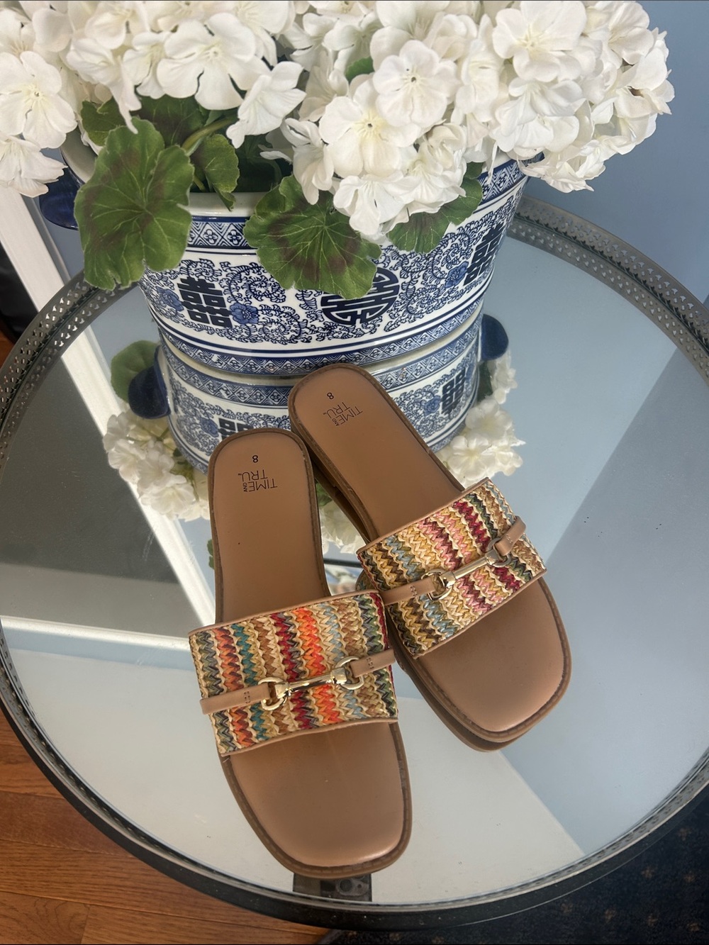 Time and Tru Multicolor Woven Slide Sandals with Brown Footbed